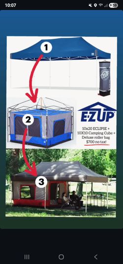 ORIGINAL E-ZUP BRAND 10X20 ECLIPSE PROFESSIONAL GRADE CANOPY, CAMPING CUBE 6.4, AND DELUXE ROLLER BAG