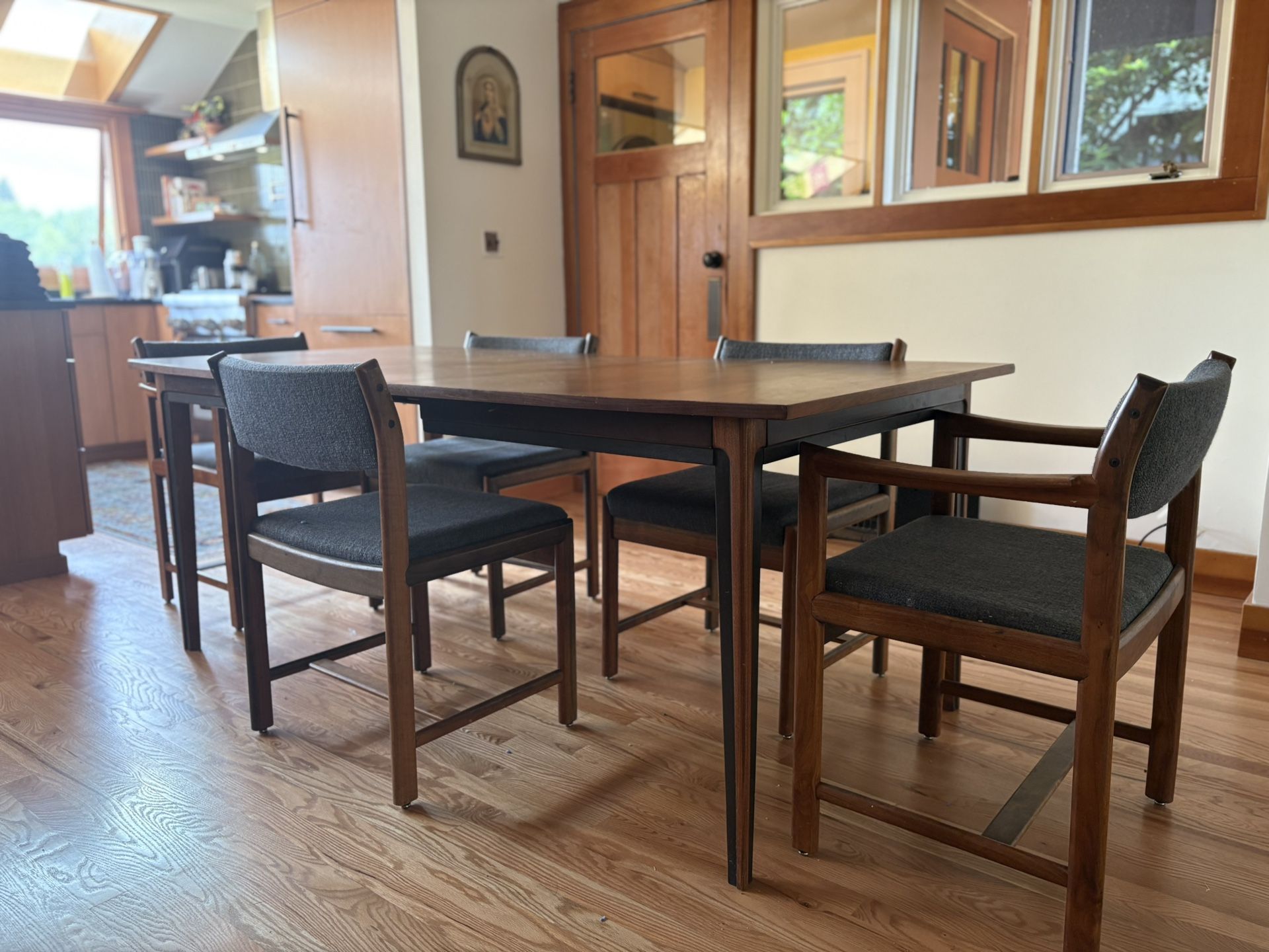 Mid-Century Modern Walnut Dining Set – 5 Chairs & Table – $550