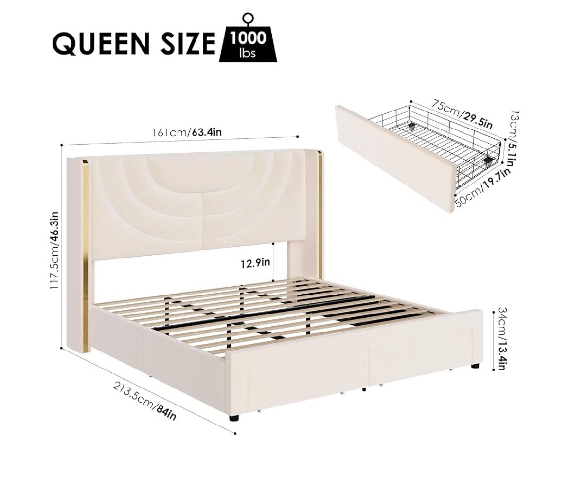 Queen Bed With Storage Drawers And LED Lights