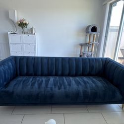 Blue Velvet Glam Sofa with Gold Legs