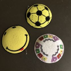 DMC Yamakah Barmitzvah Knitted  Cotton Hand Knitted Kippah - Lively Smiley, Train Set,Soccer 4”