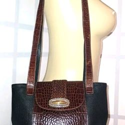 Vintage BRIGHTON Croco-Embossed Pebbled Leather Black/Brown Bucket Shoulder Bag 