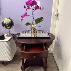 Solid Wood End Table with Drawer, Oval Sofa Side Table, Storage Shelf, Corner Table, Cherry walnut E-13