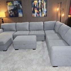 LIKE NEW - 4 Piece Thomasville Langdon Fabric Sectional with Chaise and Storage Ottoman, Light Gray