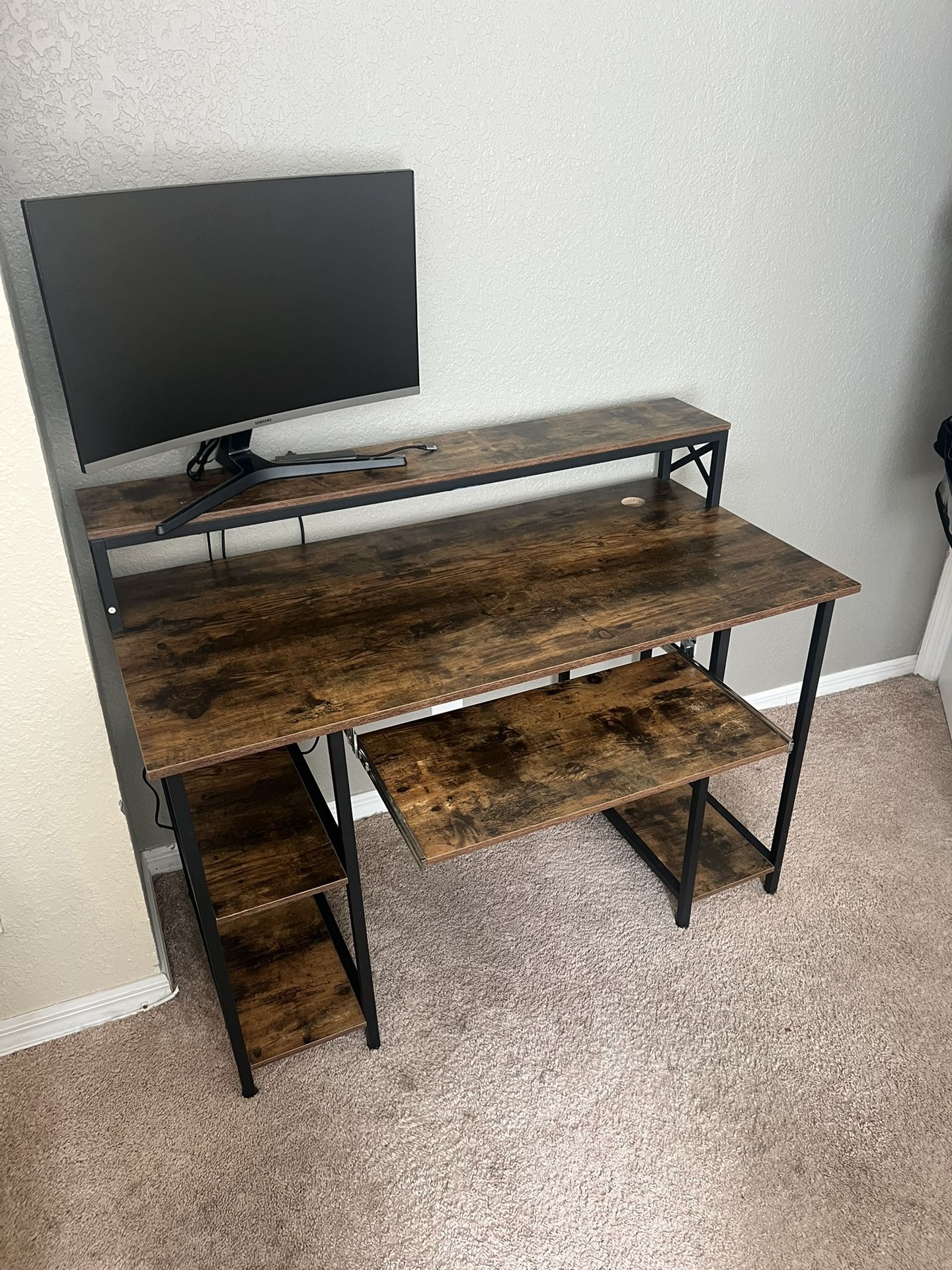 Rustic Style Office Desk With Shelves And Keyboard Tray