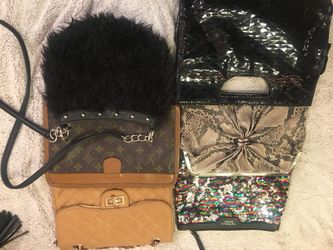 Assorted bags purses clutches wallets and more