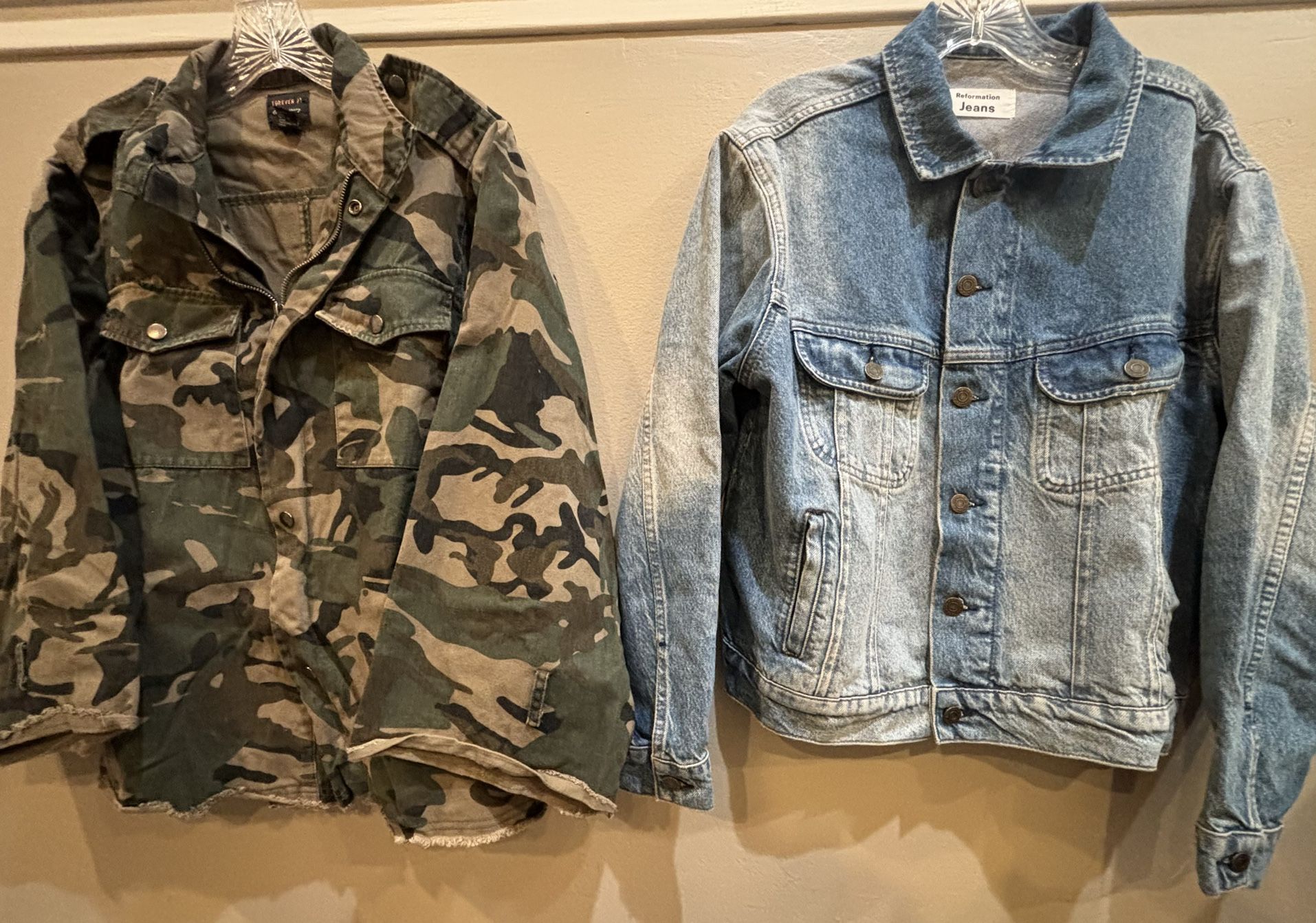 Reformation Jeans Denim Jacket + Forever 21 Contemporary Camo Lightweight Jacket (both sold together)