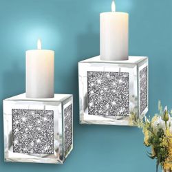 ZOLAPI Set Of 2 Crystal Crush Diamond Candle Sconces, Gorgeous Silver Mirrored Wall Sconce, Candle Holder Glass Wall Decorations For Home Décor, Livin