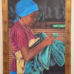 Raimin Velez Tabaquera con Panuelo Azul 38x50 Cuban Original Oil Painting