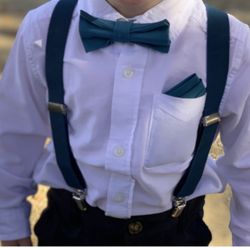 $15 - Ring Bearer Set - Teal Blue Bow Tie, Suspenders, & pocket square 