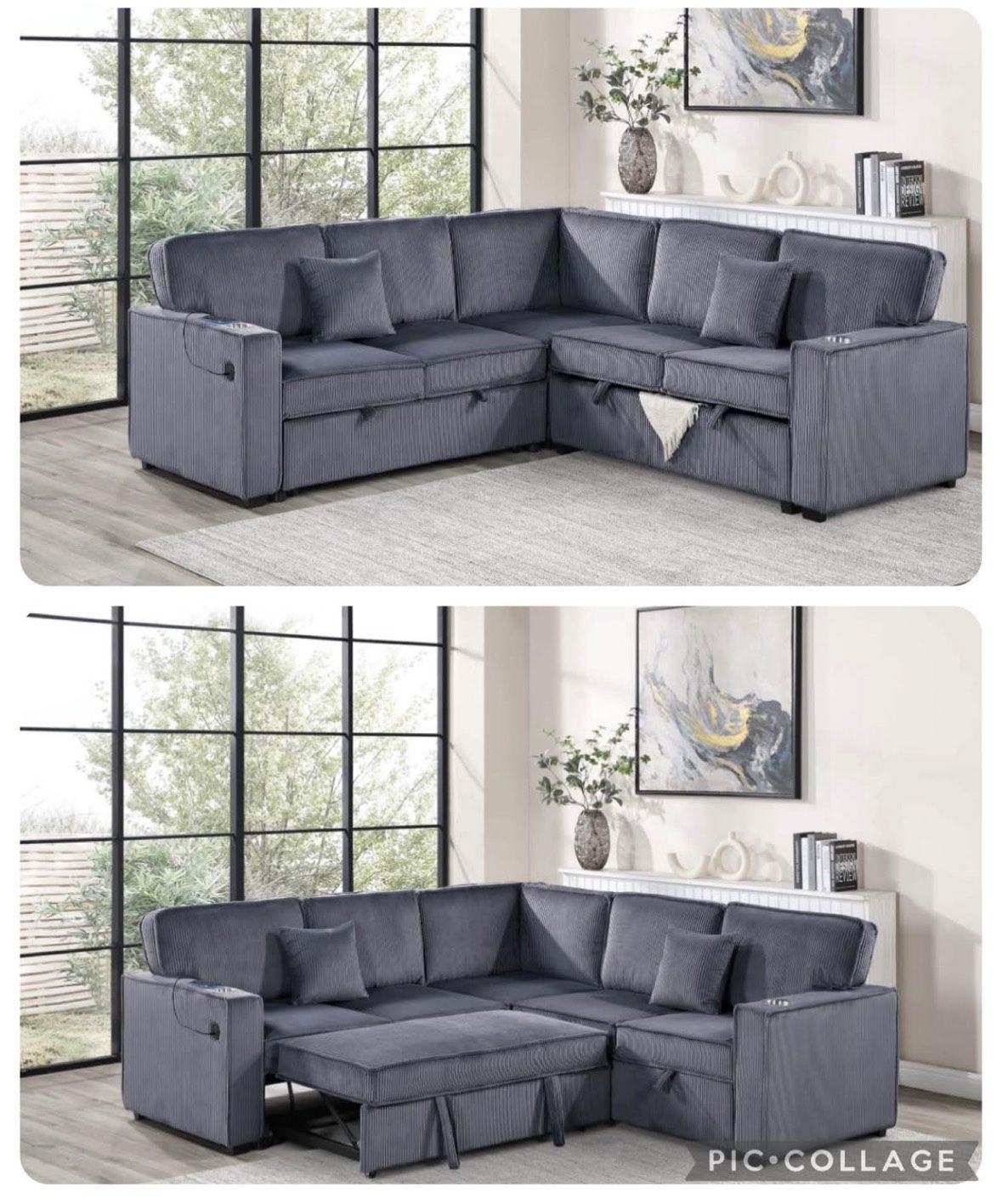 $528 Sectional Pull Out Bed With Storage USB Cup Holder Available,I Ivory,Dark Gray,Corduroy