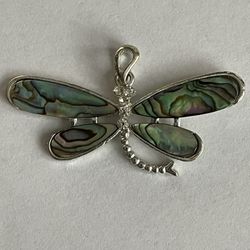 Cute/Unique Colorful Abalone Silver Tone Dragonfly Pendant 