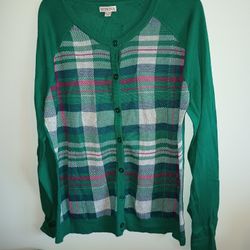 Merona Cardigan Size Extra Large Green Pink White Plaid Button Down Cotton Blend Womens