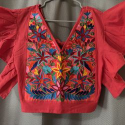 Women’s Embroidered Tie-Back Cropped Blouse