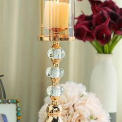 17" Tall Gold Metal Pillar Candle Holder With Hurricane Glass Tube and Crystal Globes

