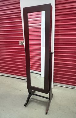 Locking Wooden Jewelry Armoire Cabinet w/ Full Mirror – Standing Organizer, Espresso Brown