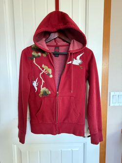 Lucky 🍀 brand cranberry Zip-Up Hoodie with Crane Embroidery
