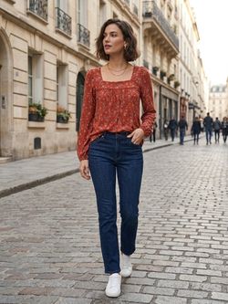 Lucky Brand Floral Square Neck Knit Top Rust Red Peasant Blouse Top Sz M New