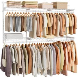 Closet System, Closet Insert Organizer, 4-8 ft, Adjustable Metal Shelving Unit with 6 Hanging Rods, 6 Shelves, and Hooks, for Pantry Mudroom Garage Ba