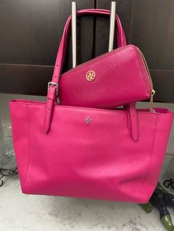 Tory Burch Pink Saffiano Tote Bag and Wallet Set
