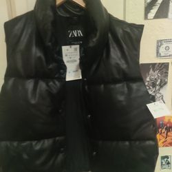 Zara Black Faux Leather Puffer Vest 