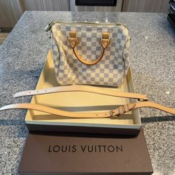 Louis Vuitton Saleya PM Tote Handbag Damier Azur Leather Purse with Zip in White