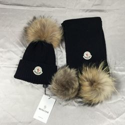 Moncler Beanie With Pom Pom Black (Kids set: hat + scarf)