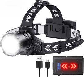 Powerful LED headlamp features a 990,000 lumen output with five distinct lighting modes: high beam, medium beam, low beam, strobe, and SOS. The black 