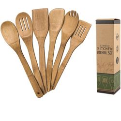 3/6 Piece Bamboo and Wood Kitchen Utensils Set, 12-Inch Cooking Spoon, Spatula and More, Natural Bamboo Wood (6)