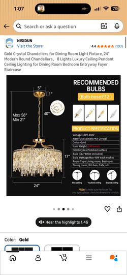 NISIDUN 24" Gold ttCrystal Chandelier 8-Light Modern Round Ceiling Fixture