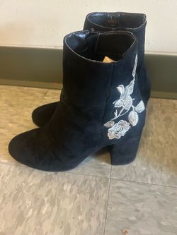 Black Suede Ankle Boots with Floral Embroidery