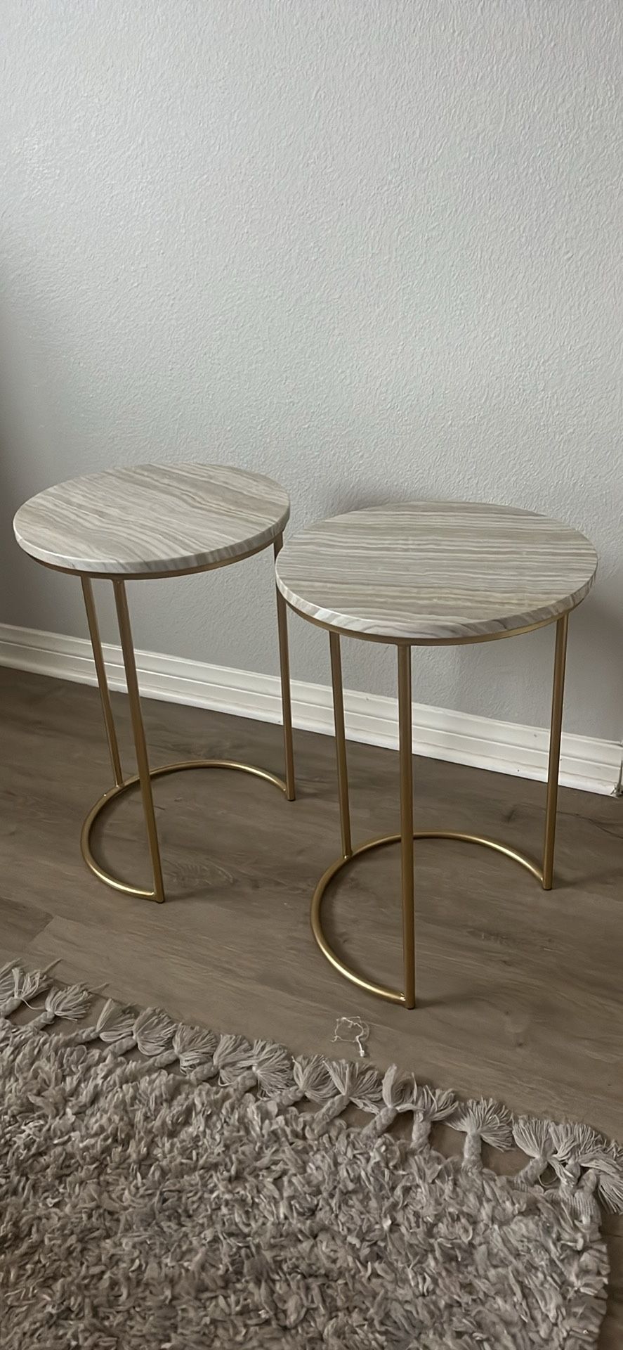 2 Faux White Marble and Gold Metal Framed round bedside tables