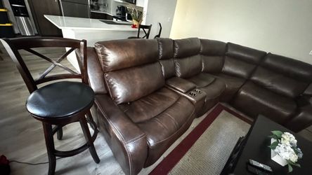 Large Brown Leather Sectional Sofa with Recliners & Cup Holders