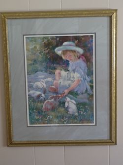 Framed Girl with Rabbits Art Print