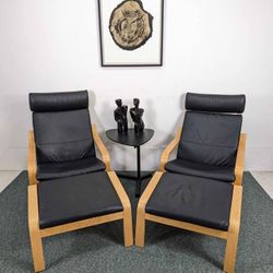 Pair of Black Leather & Birch IKEA Poang Lounge Chairs & Ottomans
