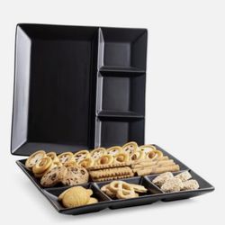 Set of 4 Large Black Porcelain Divided Serving Dishes, 11” Chip & Dip Serving Set