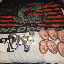Infowars Collectibles Lot – Flag, Masks, Stickers, Face Mask & Beer Coaster – Rare Merchandise