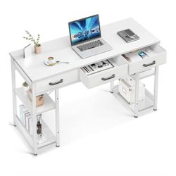 ODK Office Small Computer Desk: Home Table with Fabric Drawers & Storage Shelves, Modern Writing Desk, White