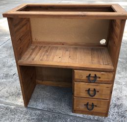 solid wood desk with drawers and open shelf