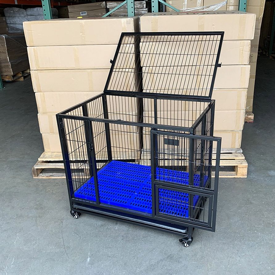 (NEW) $150 Heavy Duty Dog Cage 37x25x33” Single Door Folding Crate Kennel with Plastic Floor & Tray