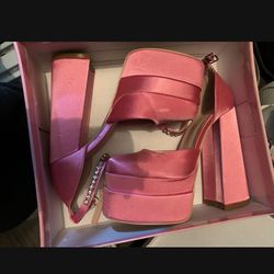 Brand New In Box Pink Satin Platform Heels Diamond Strap Size 6