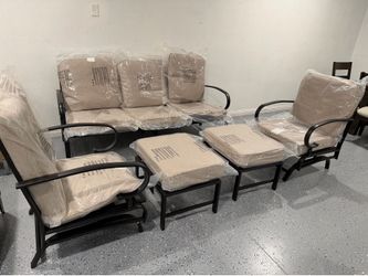 5 Piece Patio Furniture Set, 2 x Swivel Chair, 2 x Ottoman, 1 x 3-Seat Sofa, All Cushioned 7 Seats Outdoor Conversation Set for Lawn Garden Backyard
