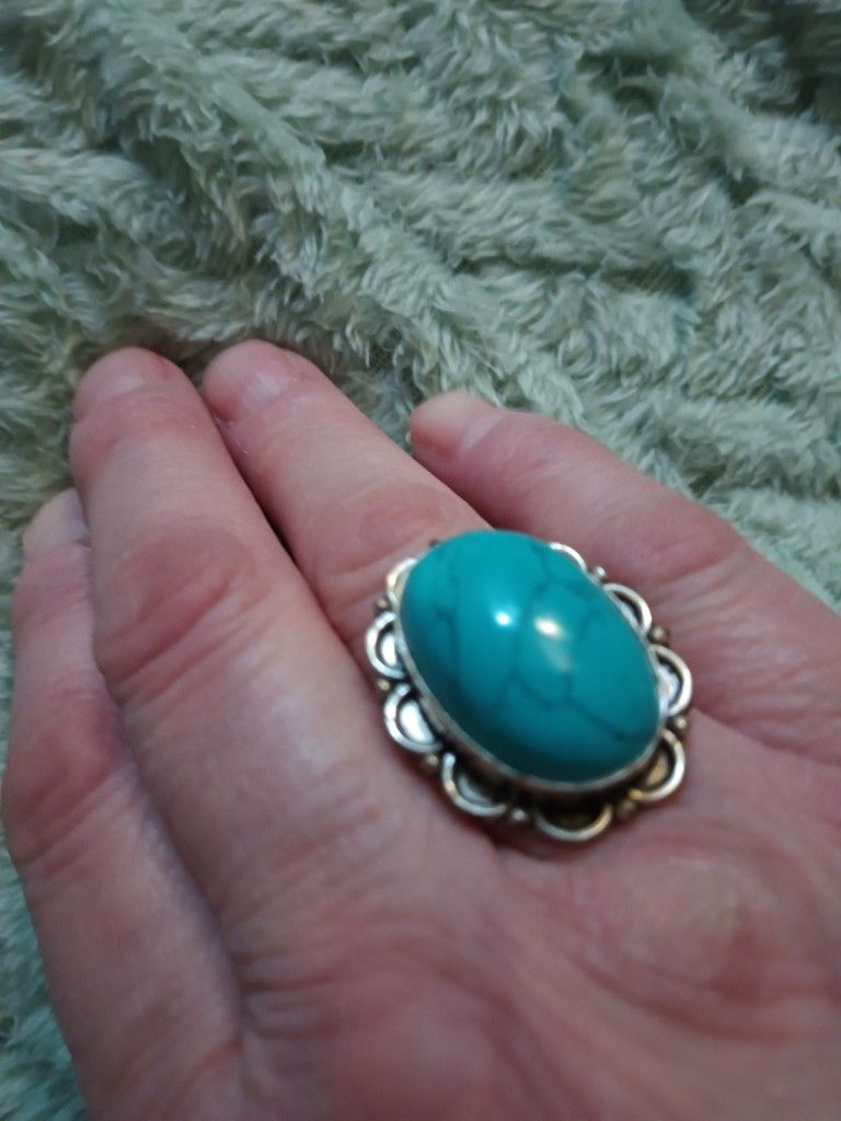 Beautiful Large Stone Turquoise Ring 925 Silver