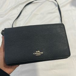 Coach Black Pebbled Leather Foldover Crossbody Clutch Wallet