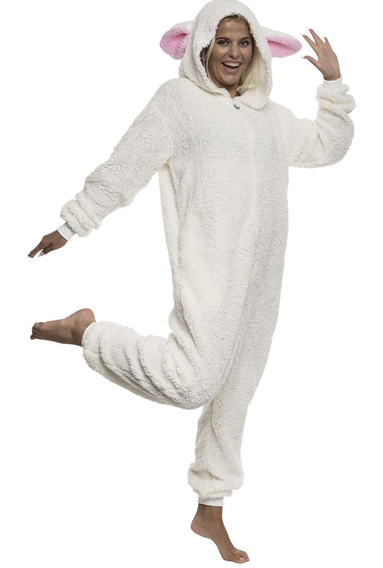 Funziez! Adult Unisex Sherpa Lamb Sheep Pajamas - Plush One Piece Animal Costume Unisex Small