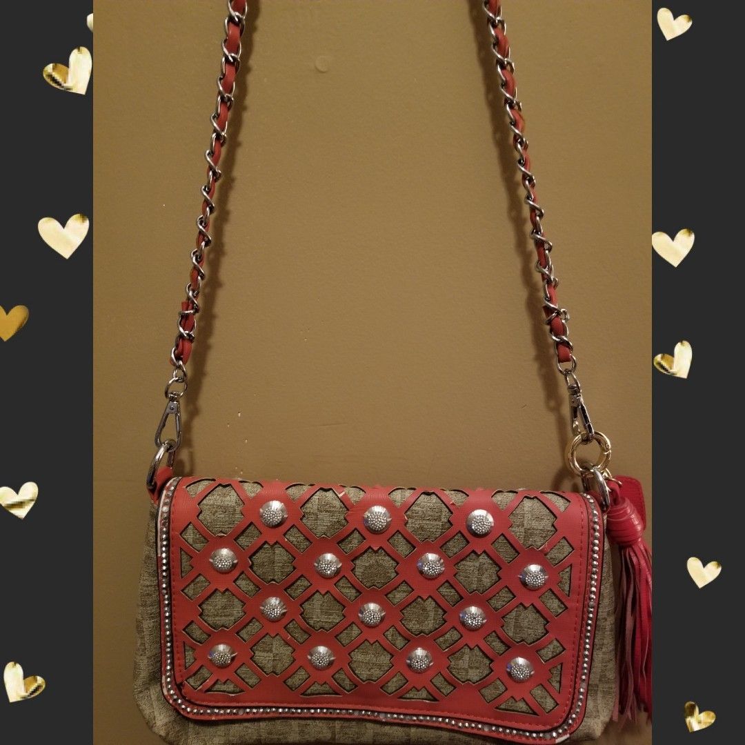 Boutique Coral and Tan Crossbody with studs.