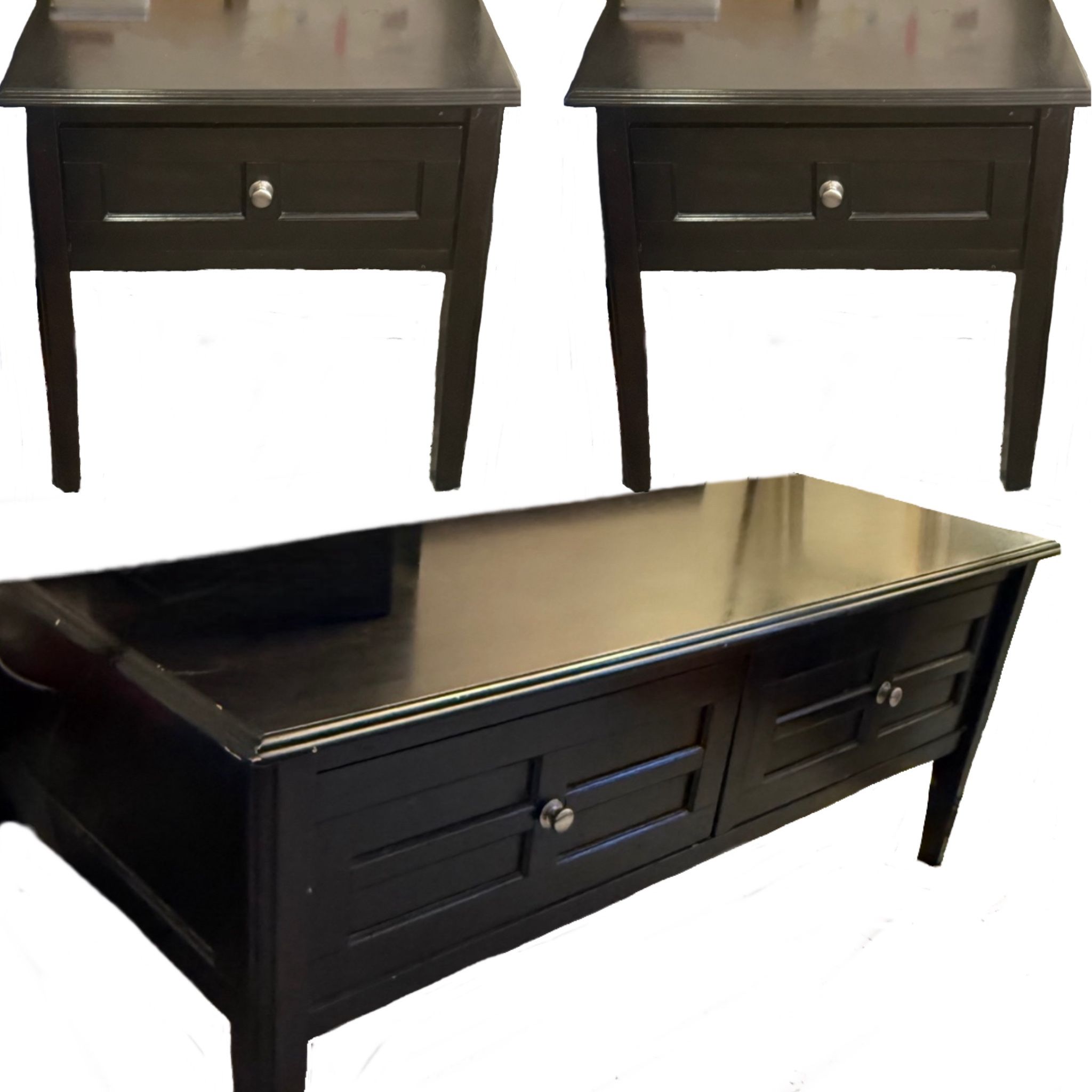 Dark Wood Coffee Table with Drawers + 2 Matching Side Tables