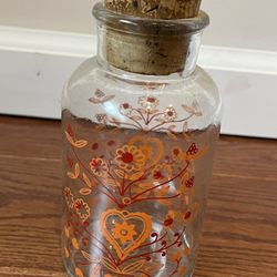 Mid-Century Modern Apothecary Jar With Cork Top, Orange And Red Floral 6.5” Tall