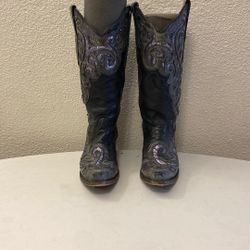 Corral Vintage Black Leather Gray Sequin Cowboy Boots Ladies Size 6 