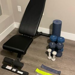 Home Gym Equipment Bundle  Adjustable Bench, Dumbbells, Bands & Foam Roller